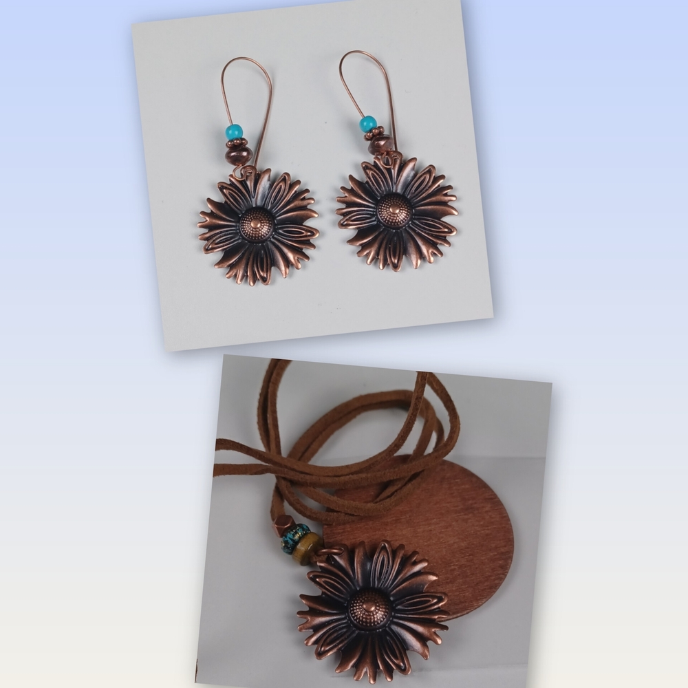 Elegant Bohemian Copper Flower Earrings and Neclace Set with Turquoise Beads